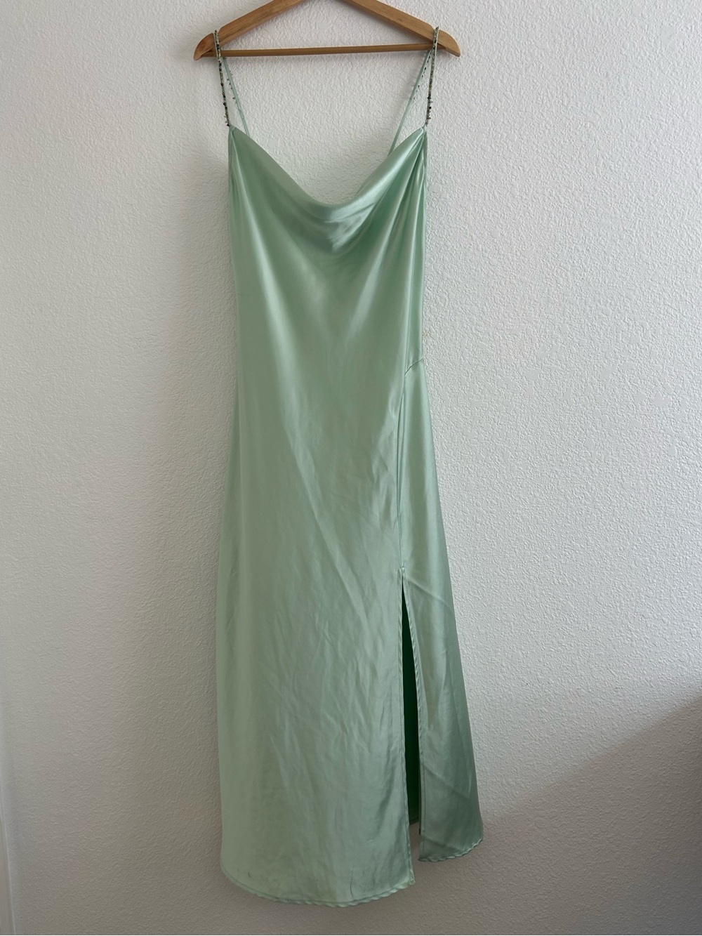 JASON WU Mint Green Satin A-Line Maxi Dress FRONT SLIT ADORNED BEADED STRAPS